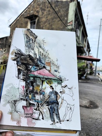 Drawing of Gardwara Street, Penang by Teoh Kim Seah