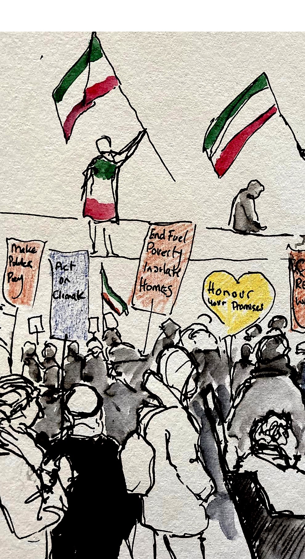 Drawing of a demonstration in Trafalgar Square